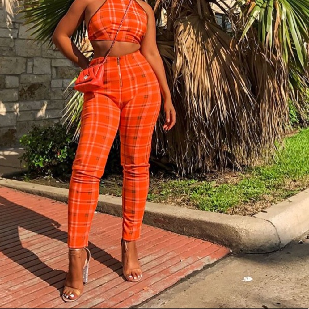 Orange plaid pants set with halter top